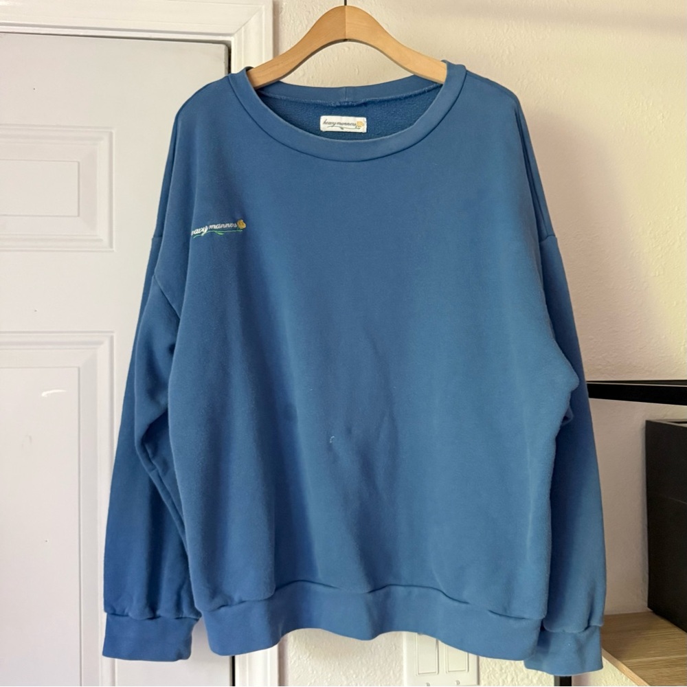 HEAVY MANNERS blue rose logo embroidered crew neck oversized terry knit pullover